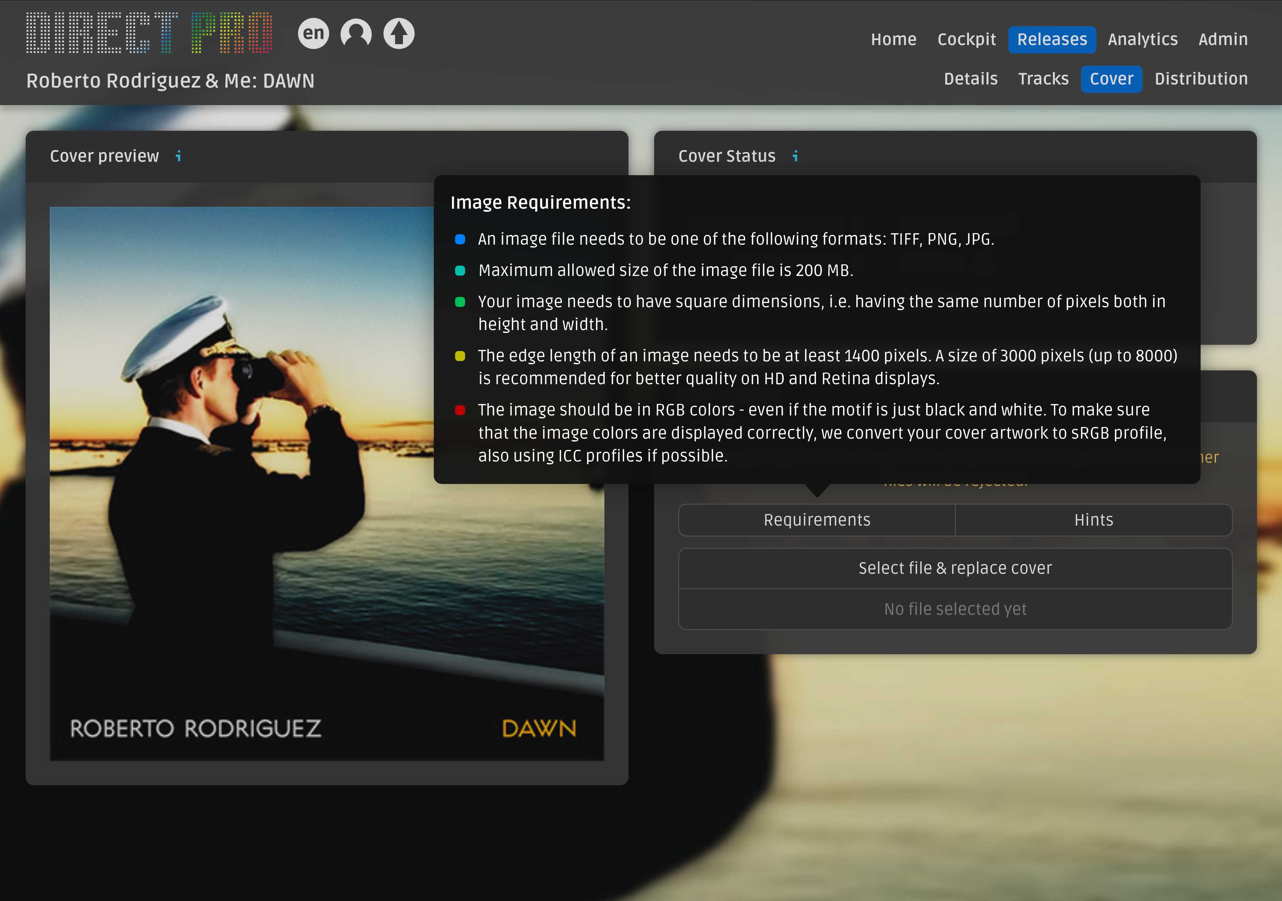 Screenshot der DIRECT Artwork Page