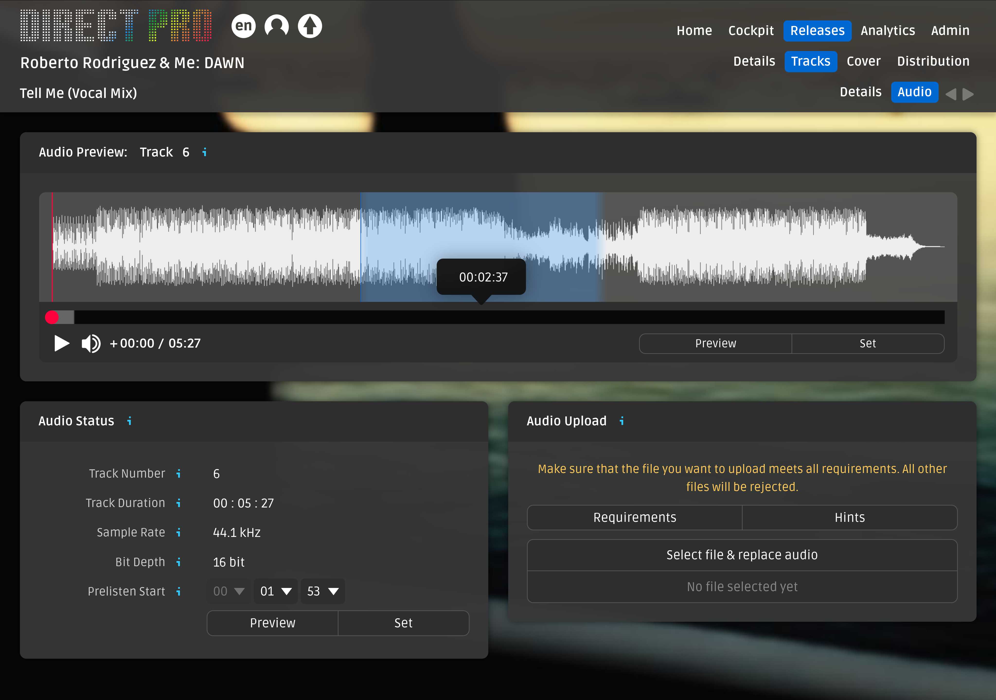 Screenshot der DIRECT Audio Page