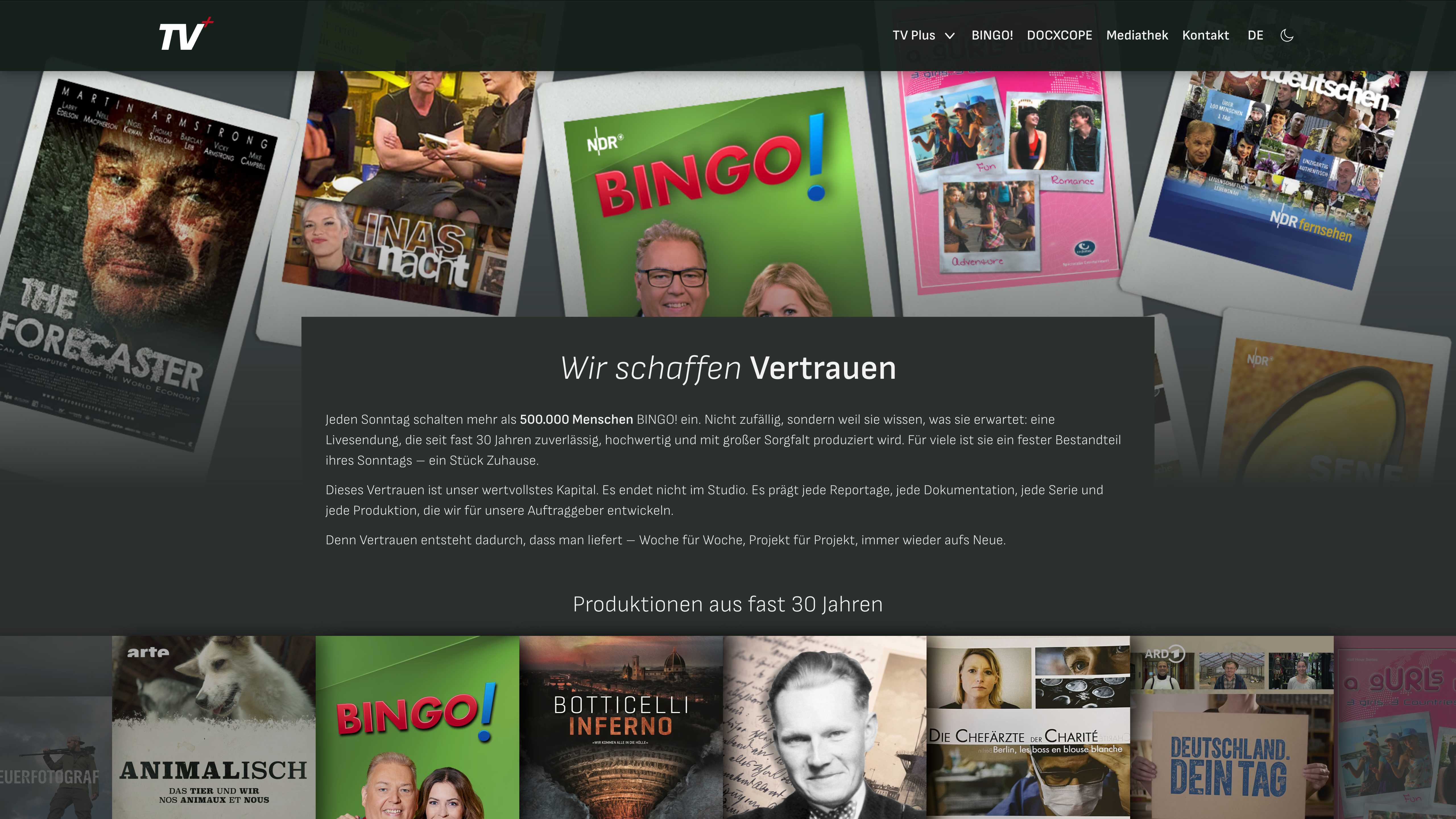 Screenshot der TV Plus "Über uns" Seite.