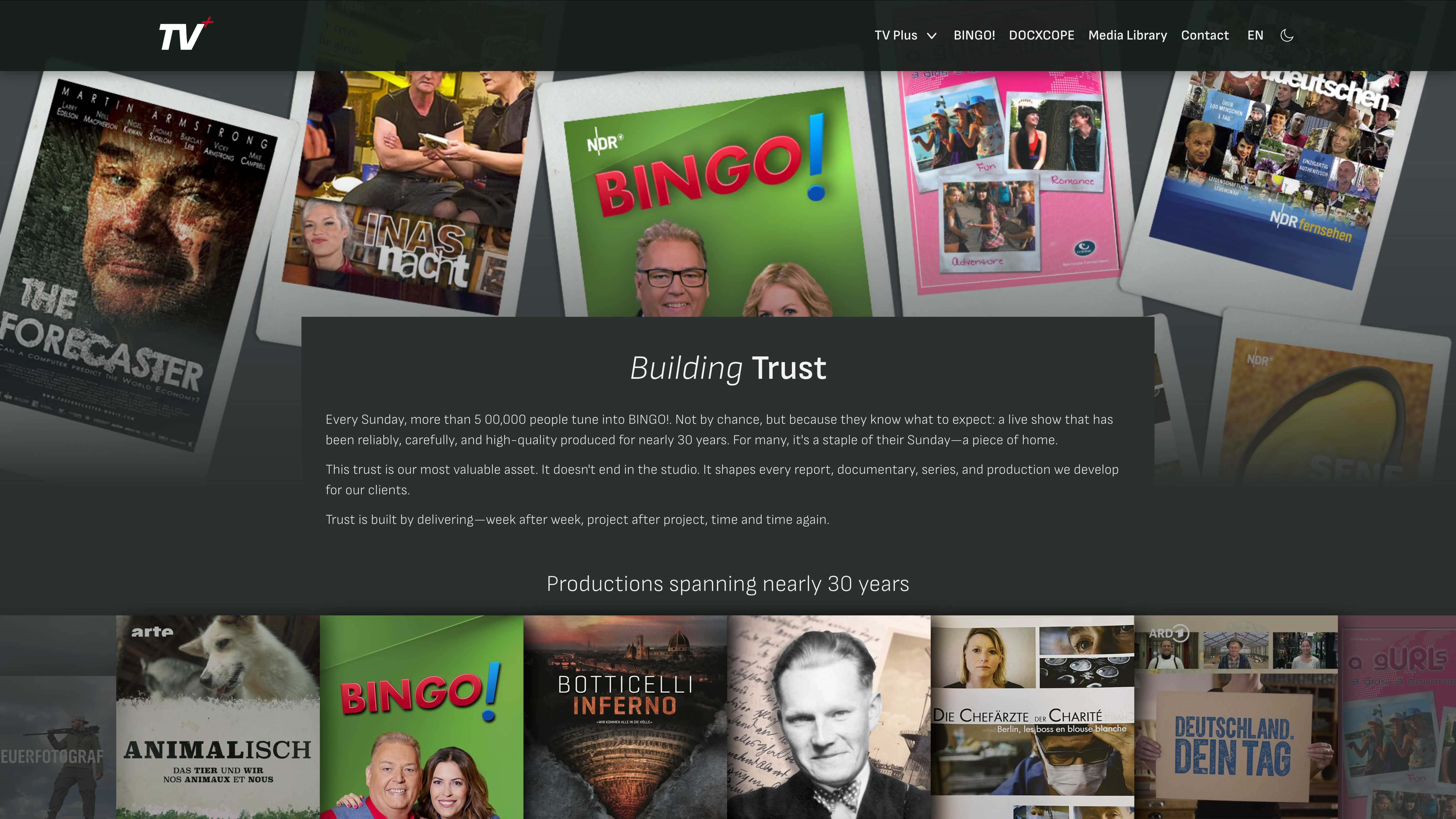 Screenshot of the TV Plus "About us" page.