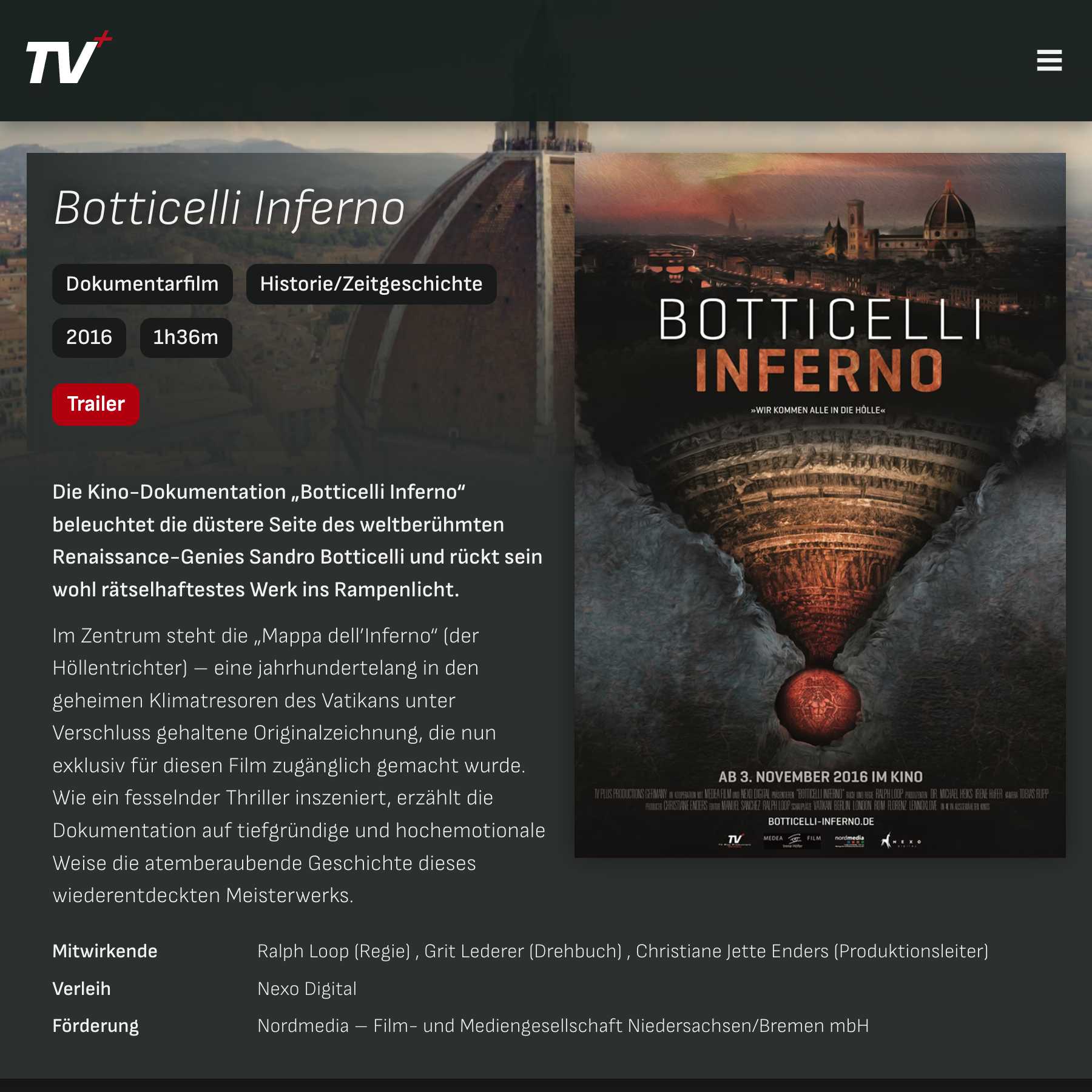 Screenshot der "Boticelli Inferno" Mediathek Seite.