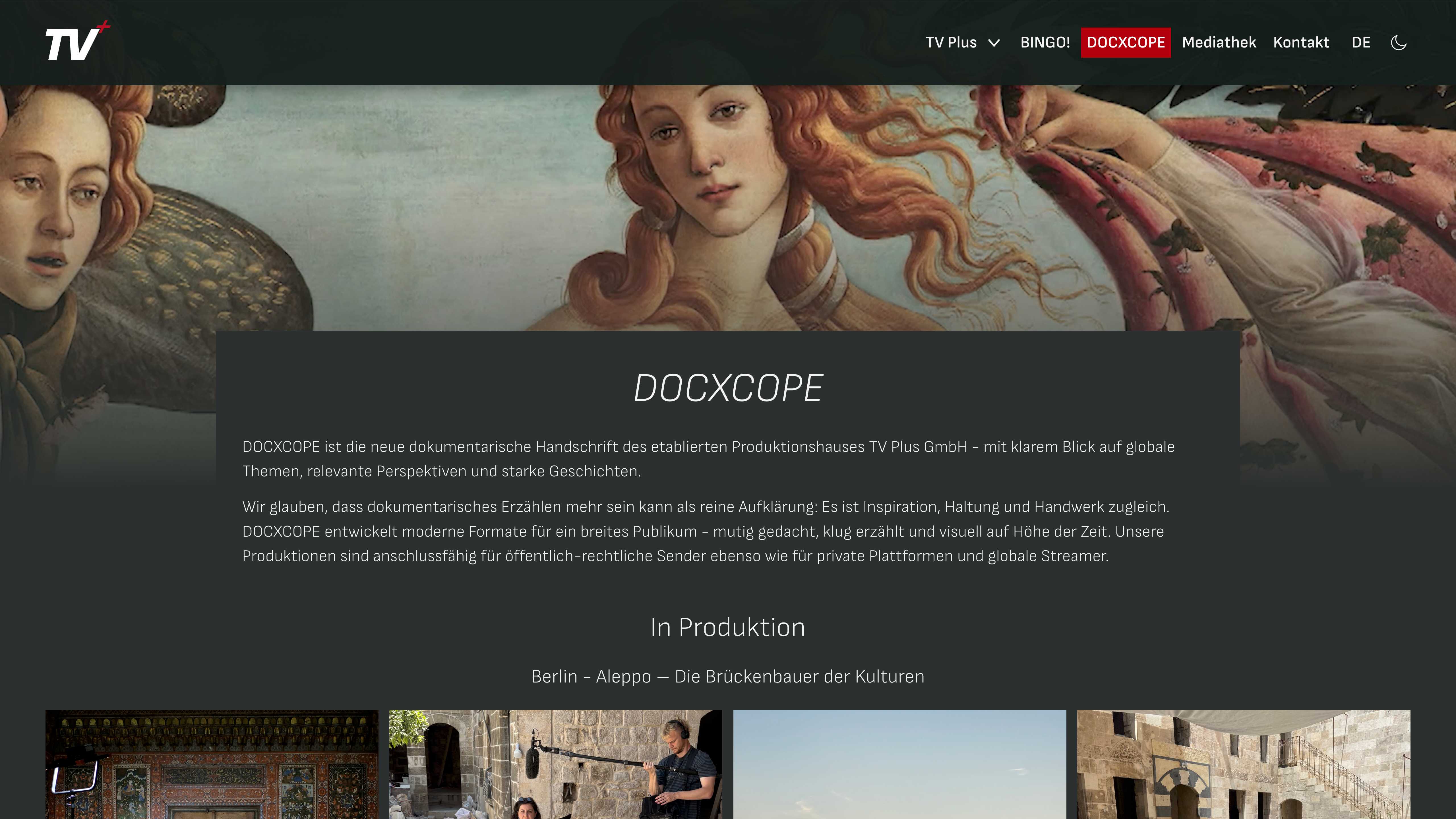 Screenshot der DOCXCOPE Page, eine neue dokumentarische Handschrift von TV Plus GmbH.