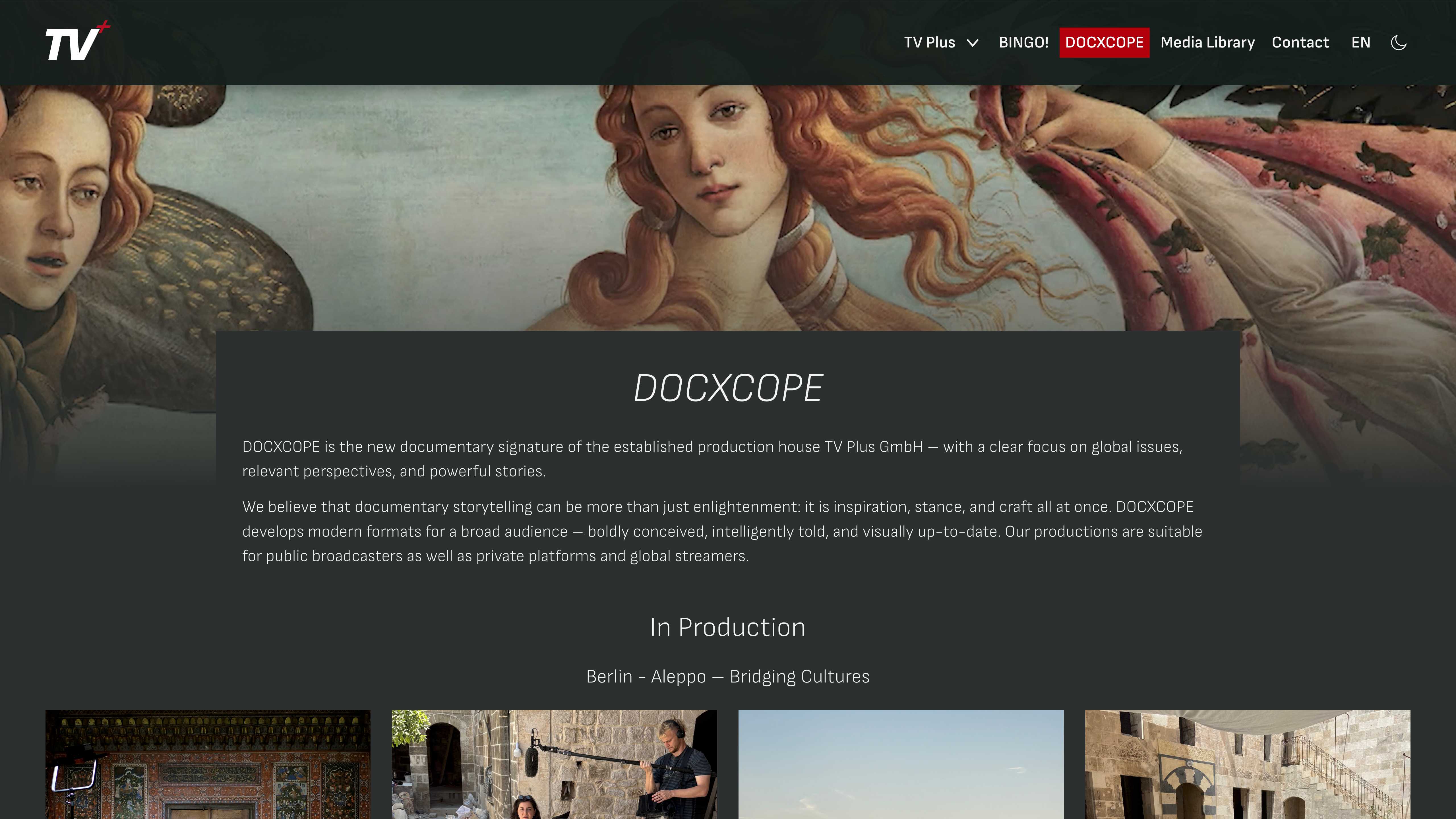 Screenshot of the DOCXCOPE page - a new documentary script from TV Plus GmbH.